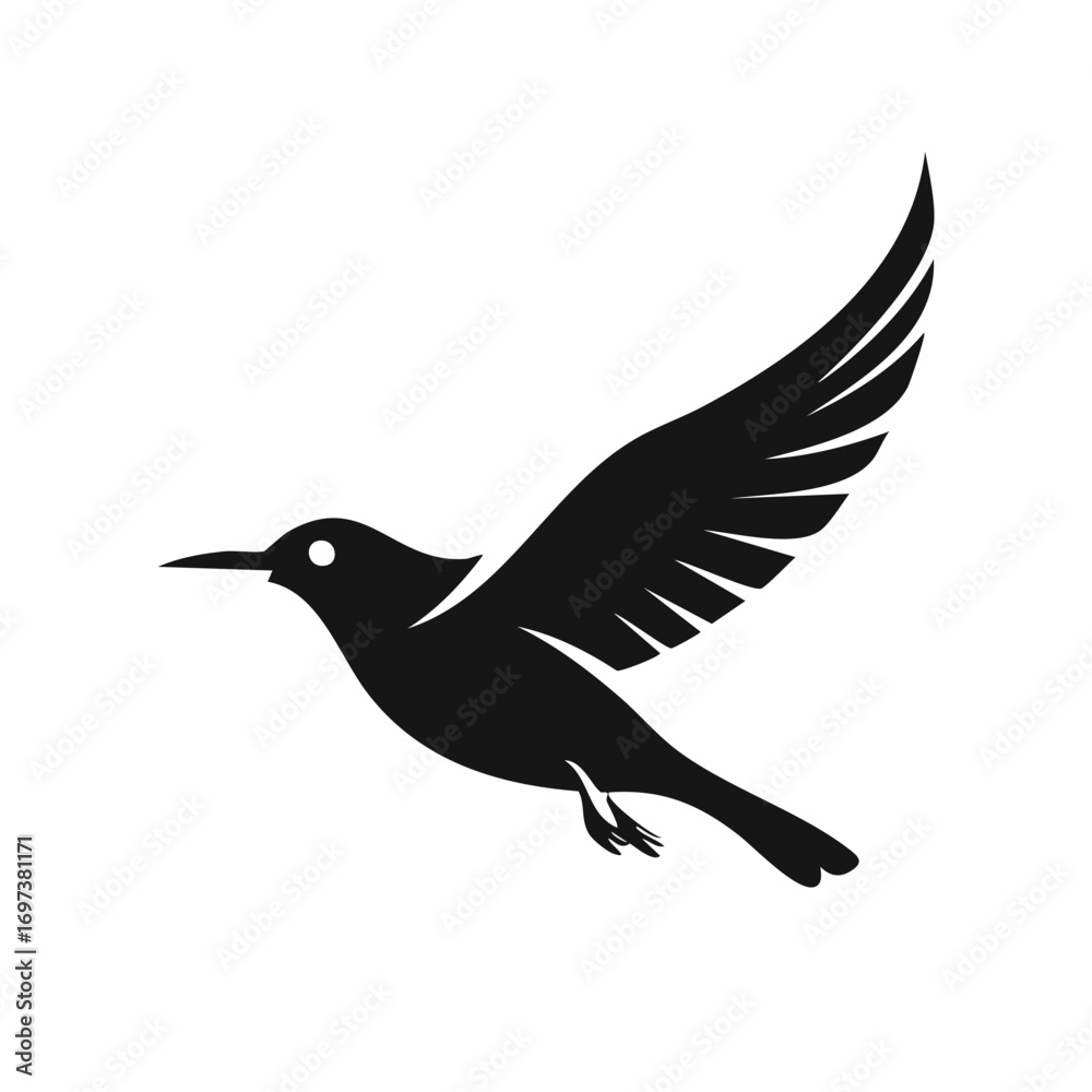 Fototapeta premium Elegant bird soaring gracefully through clear sky, its silhouette symbolizing freedom, peace, and hope against bright white background