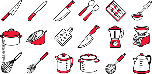 Collection of kitchenware icons featuring cooking pots knives blender and other essential tools for food preparation in vector format