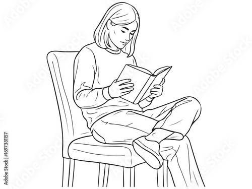 Line Drawing of a Person Sitting on a Chair and Reading a Book
