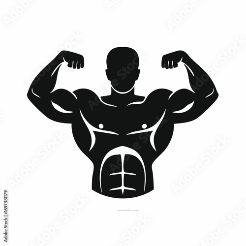 Silhouette of muscular man flexing biceps against white background, symbolizing strength, power, and fitness in bold graphic style