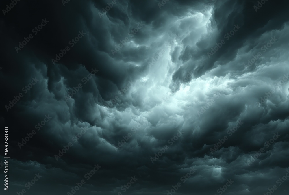 Obraz premium Ominous storm clouds fill the sky, their dark, swirling shapes contrasted by diffused, powerful light