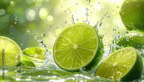 Close-up of lime slices splashing in water, creating a refreshing and vibrant scene with a green bokeh background.