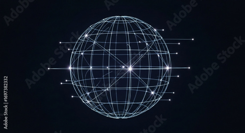 A wireframe globe with glowing nodes represents global connectivity and data transfer on a dark background