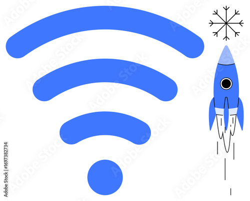 wireless signal arcs next to a blue rocket with a snowflake, symbolizing connectivity, technology, speed, innovation, cool trends, progress, and digital communication in a simple flat metaphor