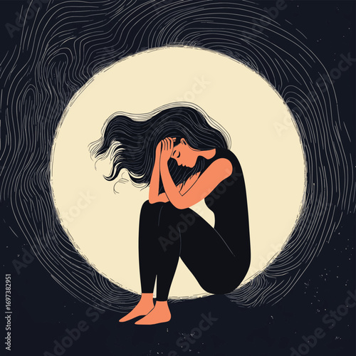 Emotional Woman Trapped in Thorny Circle Vector Illustration