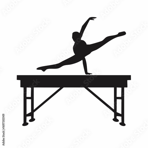 Silhouette of gymnast performing split leap on balance beam in gym, symbolizing strength, flexibility, grace, and athletic precision