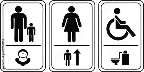 Comprehensive Restroom Signage Displaying Family Room Womens Facility and Accessible Toilet Accommodations for Disabled Individuals Emphasizing Inclusivity and Universal Design