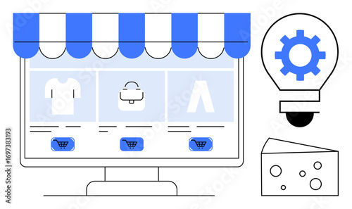 E-commerce storefront showcasing clothing, bags, and accessories under awning. Gear inside lightbulb sparks innovation, cheese adds uniqueness. Ideal for e-commerce, retail, online shopping