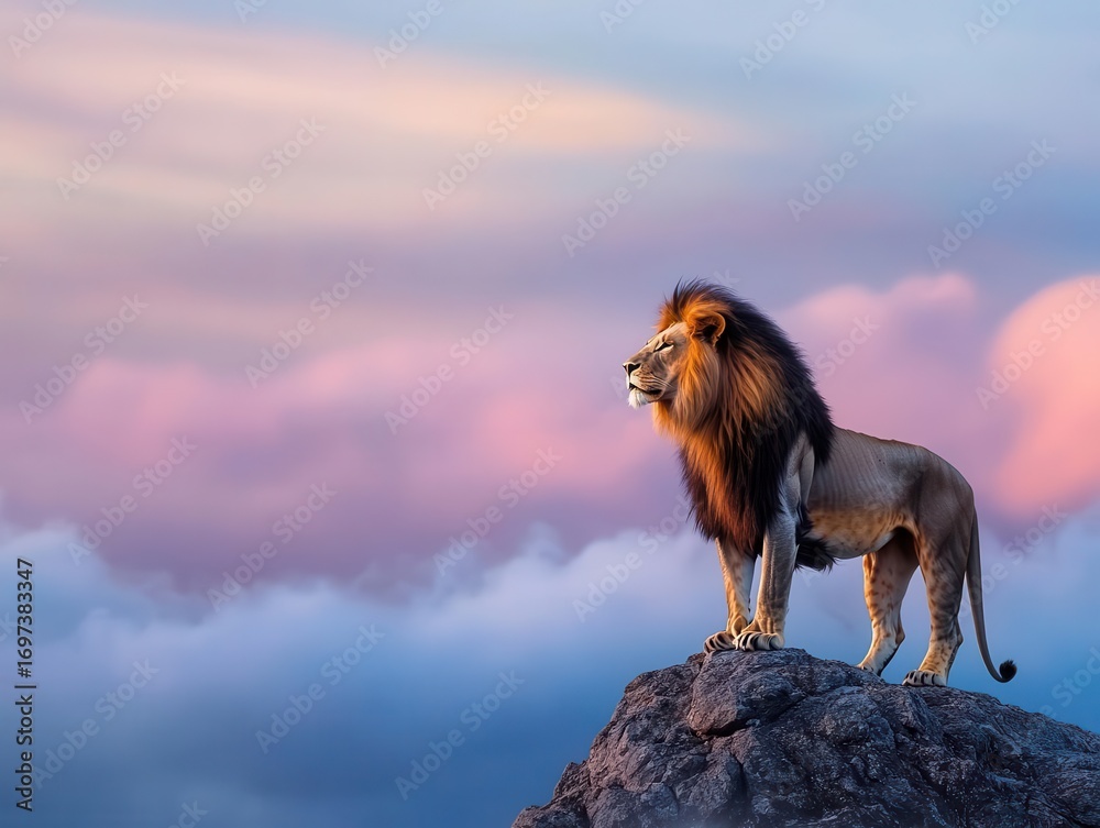 Obraz premium Majestic lion standing confidently on a rocky outcrop overlooking colorful sunset sky with soft pink and blue clouds creating a dramatic and inspi natural scene