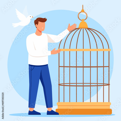 Flat vector illustration of a man letting a white dove fly free from a large golden birdcage, a metaphor for freedom and letting go