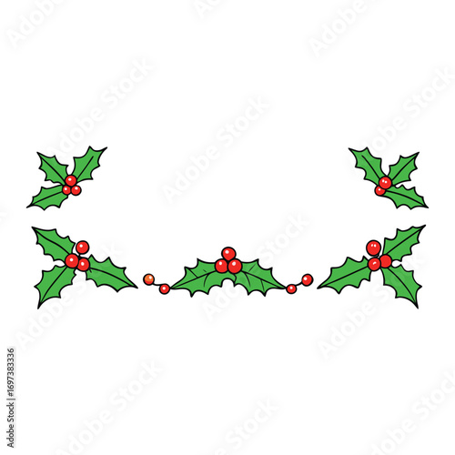 A festive Christmas border adorned with holly leaves and berries, perfect for framing holiday cards, invitations, and decorations with seasonal cheer.
