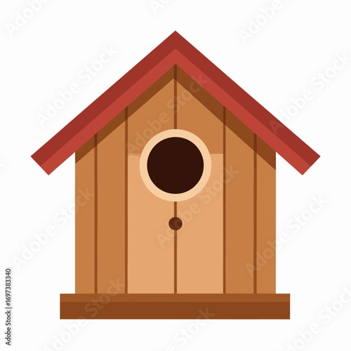Simple flat vector illustration of a classic wooden birdhouse with a red roof, a feeder home for birds, isolated on a white background