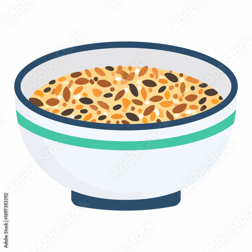 Modern flat vector illustration of a white ceramic bowl filled with a vibrant assortment of nutritious seeds and healthy grains, ideal for food or pet feed concepts