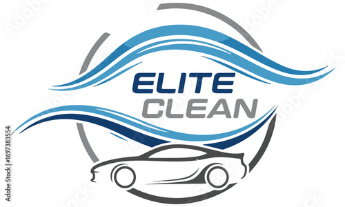 Modern Car Detailing Logo featuring a Sleek Vehicle Outline, Wavy Lines, and a Circular Frame