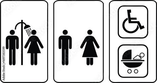 Comprehensive Set of Public Facility Icons Showcasing Restrooms Showers and Accessibility for People with Disabilities and Families