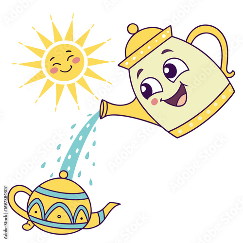 Vector art of cartoon teapot pouring water into another teapot with a smiling sun