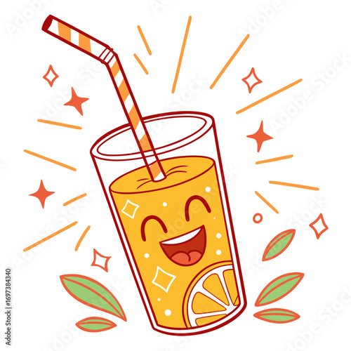 Vector art of cheerful glass of orange juice with a straw, radiating happiness and sunshine