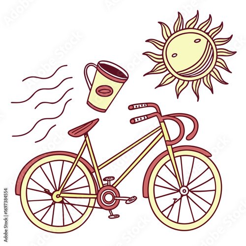 Vector art of a charming illustration of a bicycle, a steaming coffee cup, and a radiant sun