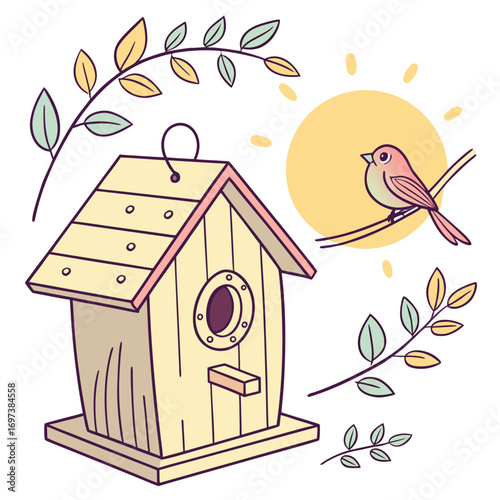Vector art of a charming illustration of a birdhouse, a bird, and foliage