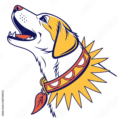 Illustration of a dog howling with a spiked collar and leaf pendant