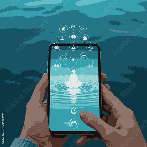 Hands hold a smartphone displaying a serene meditation app with a figure on water, symbolizing modern digital wellness and mental tranquility.