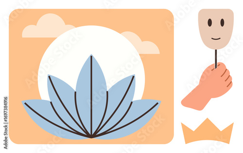 Blue lotus flower under rising sun, hand holding happy mask, orange crown. Ideal for mindfulness, balance, self-awareness, growth, positive transformation authenticity inner peace. Simple flat