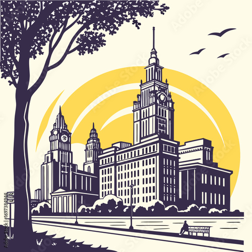 Vector art of vector illustration of moscow state university on sparrow hills with tree and birds in the sky