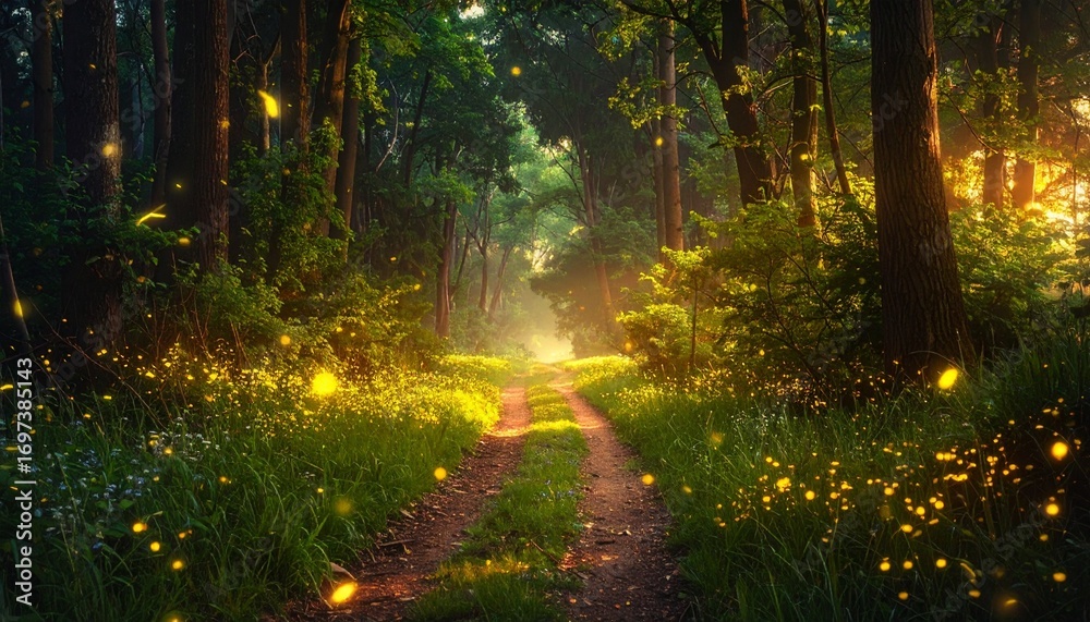 Fototapeta premium Magical forest path illuminated by fireflies during golden hour