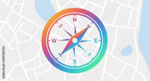 Colorful compass, a symbol of navigation and direction on a map background