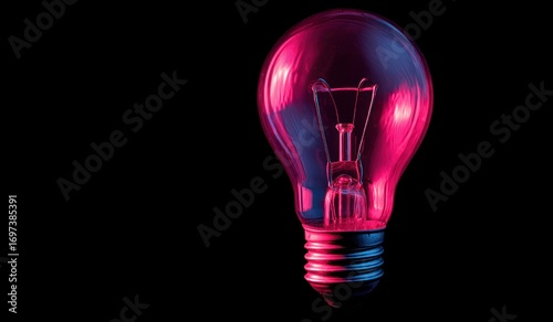 Illuminated bulb on black, pink hue inside clear glass, visible filament, and ribbed metal base