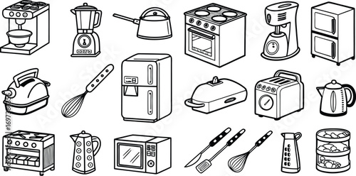 Doodle Style Kitchen Appliances Line Art Vector Illustration for Culinary Designs and Restaurant Graphics ideal for logos menus and branding materials