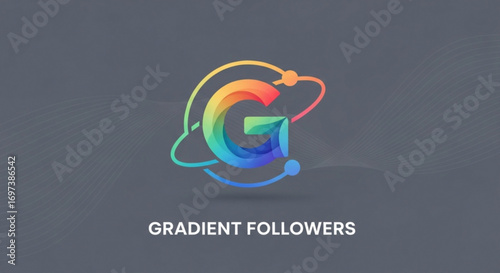 Gradient followers logo design with letter g and atom orbit, modern and colorful logo for technology company isolated