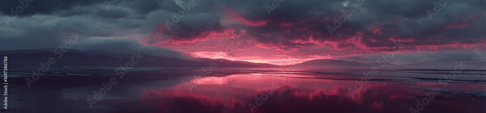 Fototapeta premium Dramatic pink-tinged sunset over a calm, dark body of water with distant land masses and heavy, overcast clouds above