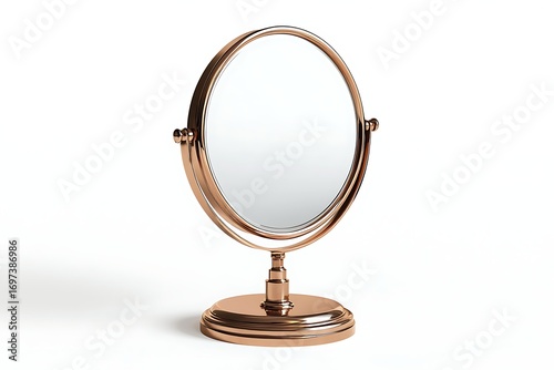 Rose gold vanity mirror with circular frame and stand