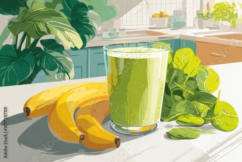 Healthy Green Smoothie with Fresh Bananas and Spinach on Table