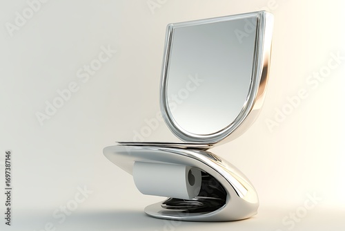 Futuristic chrome chair with integrated mirror and toilet paper dispenser