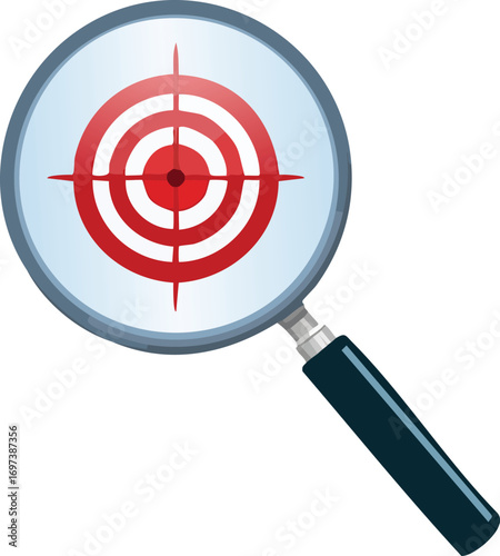 A magnifying glass focuses on a red target, emphasizing accuracy and precision.