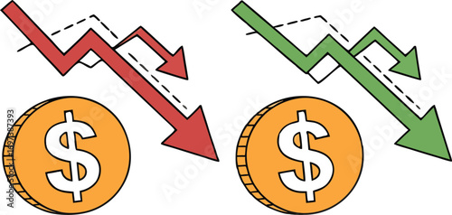 Economic downturn and financial growth illustration with downward trend arrow and dollar coin symbolizing investment loss and market recovery for business concept