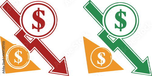 Economic Indicators Showing Growth and Decline Represented with Arrows and Dollar Signs