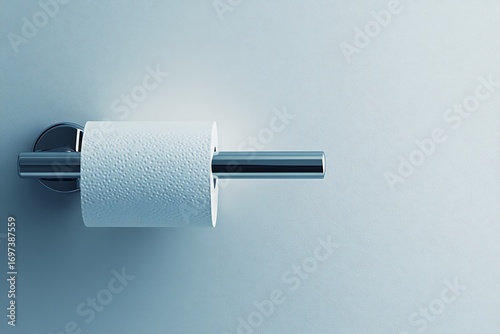 Modern metallic toilet paper holder with a roll of white toilet paper against a light blue wall