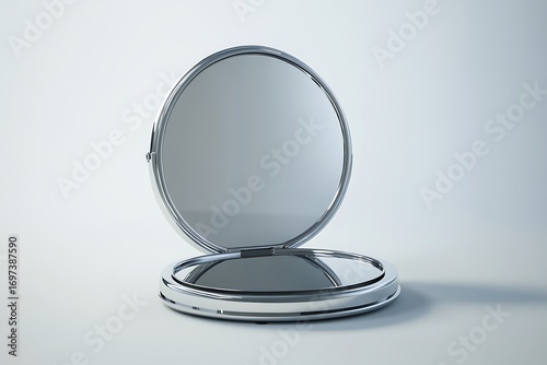 Sleek, silver compact mirror open, revealing a reflective surface