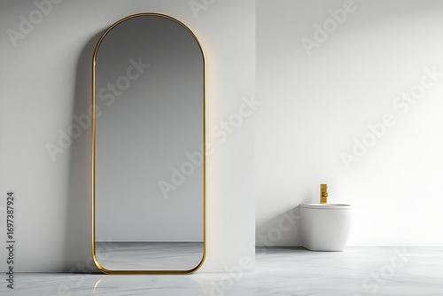 Gold-framed arched mirror in minimalist bathroom