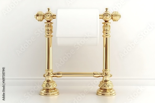 Elegant gold freestanding toilet paper holder with ornate detailing