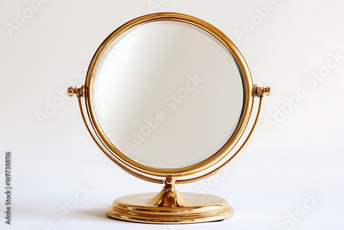 Gold-framed circular tabletop mirror with adjustable stand
