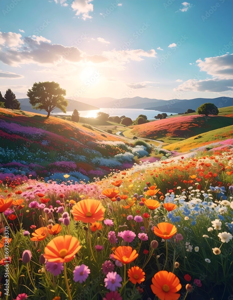 Fototapeta premium Colorful flower fields at sunset