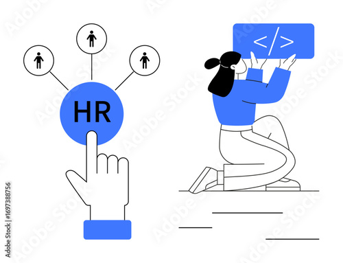 Hand engaging with HR network graphic, woman coding on tablet. Ideal for recruitment, talent management, HR tools, teamwork, technology, innovation, simple landing page