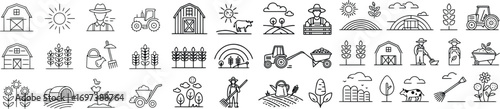 Farm and Agriculture Outline Icons Collection Vector Illustration Featuring Farmers Barns Tractors Livestock and Various Agricultural Elements