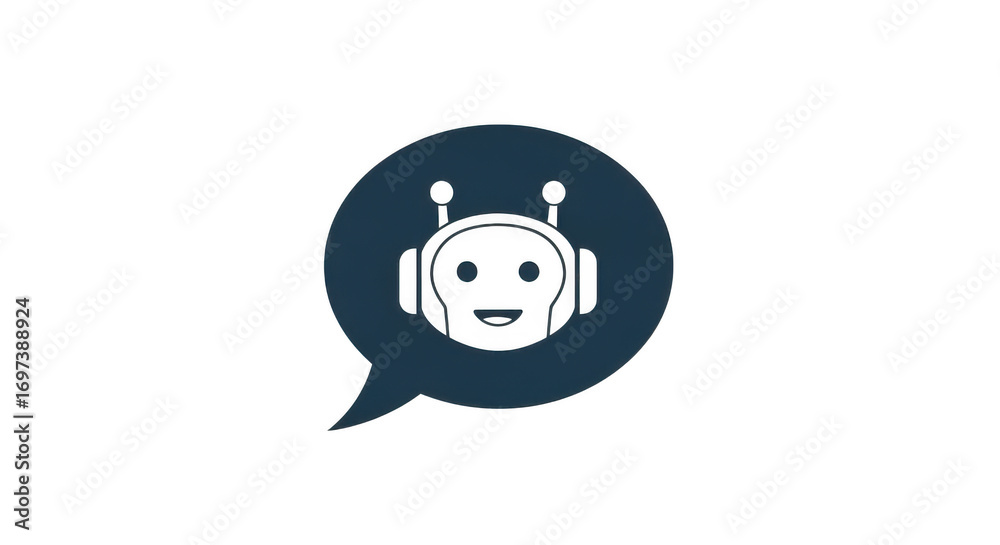 Fototapeta premium A friendly robot face inside a dark blue speech bubble, symbolizing communication and artificial intelligence isolated on transparent background