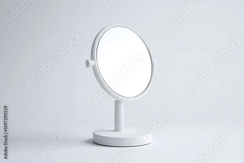 Minimalist, white, round vanity mirror on a stand, against a clean background