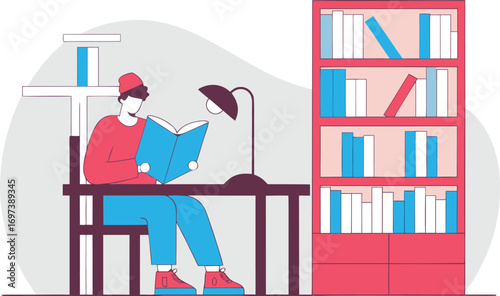 Person Reading in a Cozy Room with Bookshelf and Lamp